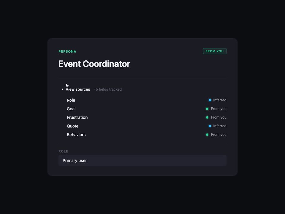 A Tessera card detail panel for the Event Coordinator persona with the View sources collapsible expanded, showing per-field provenance: Role and Quote are tagged Inferred in sky blue, while Goal, Frustration, and Behaviors are tagged From you in green.