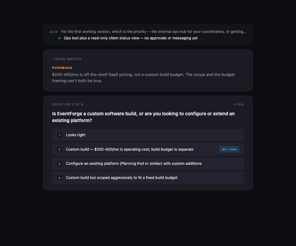 Tessera's kickoff conversation in mid-flow. Question 1 of 9 sits at the top, collapsed to a summary showing the user's answered choice. Below it, Question 2 of 9 is fully expanded with its own Read inputs analysis, a new question about whether to custom-build or configure an existing platform, and four numbered alternatives.