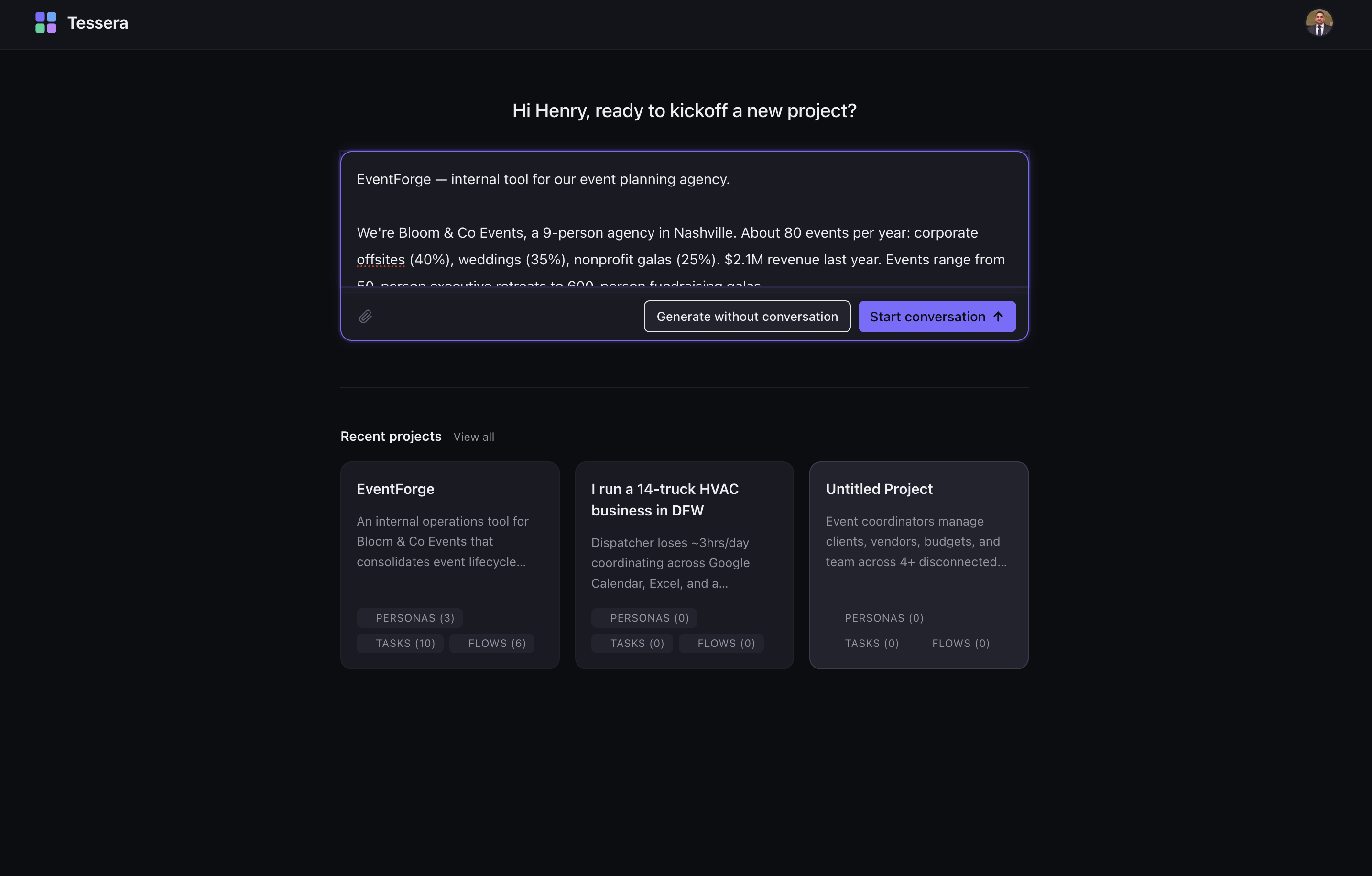 Tessera's welcome composer with a brief describing an event planning agency's internal tool pasted into the project description field, ready to start a new product model.