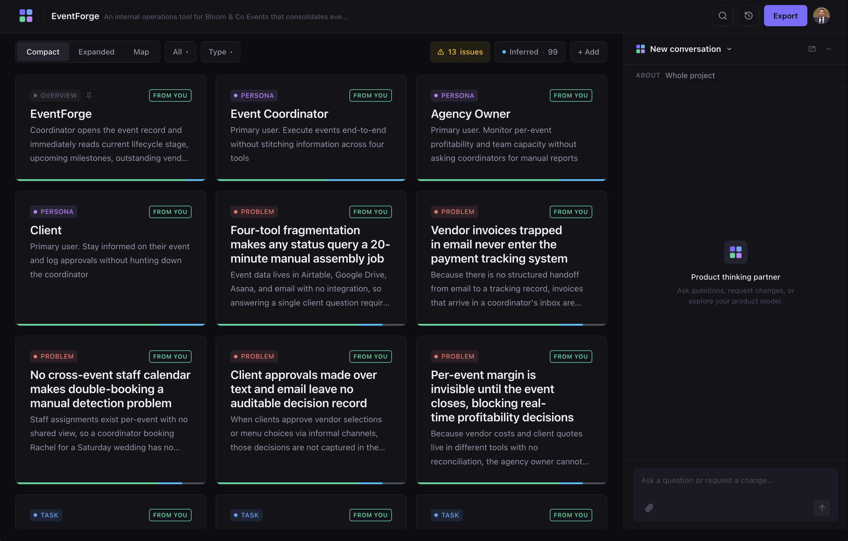 Tessera workspace for the EventForge project showing a card grid of personas, problems, and tasks. Each card is tagged with its provenance source, FROM YOU or INFERRED, and the toolbar shows filters for issues and inferred fields.